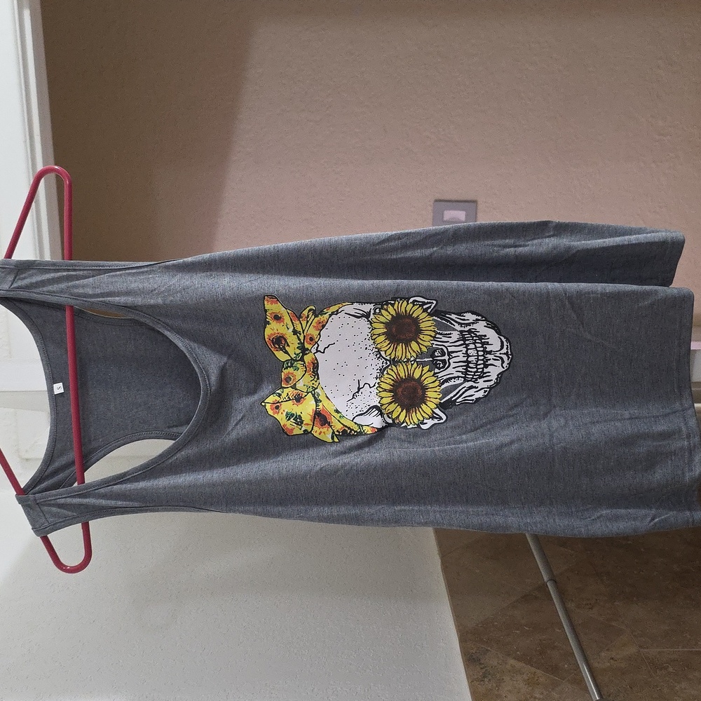 Gray Sunflower Skull Graphic Racerback Tank Top Size S - Picture 4 of 6